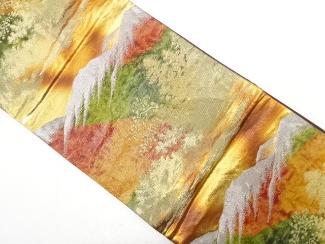 アンティーク　遠山に樹木風景模様織り出し袋帯（着用可）